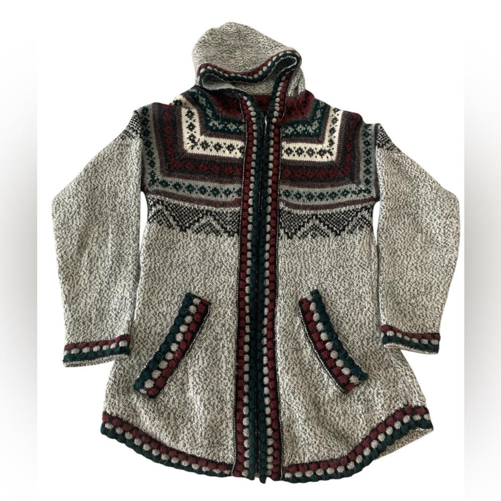 Cozy Nordic-Style Knit Hooded Cardigan - Cream with Red & Green Accents